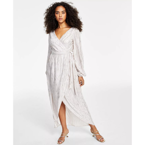 GUESS Metallic-Striped Faux-Wrap Maxi Dress | Champagne - Picture 1 of 2